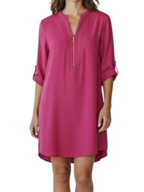 Trina Turk Kaiko Shift Mini Dress Size M Pink 3/4 Roll Tab Sleeve Resortwear New
